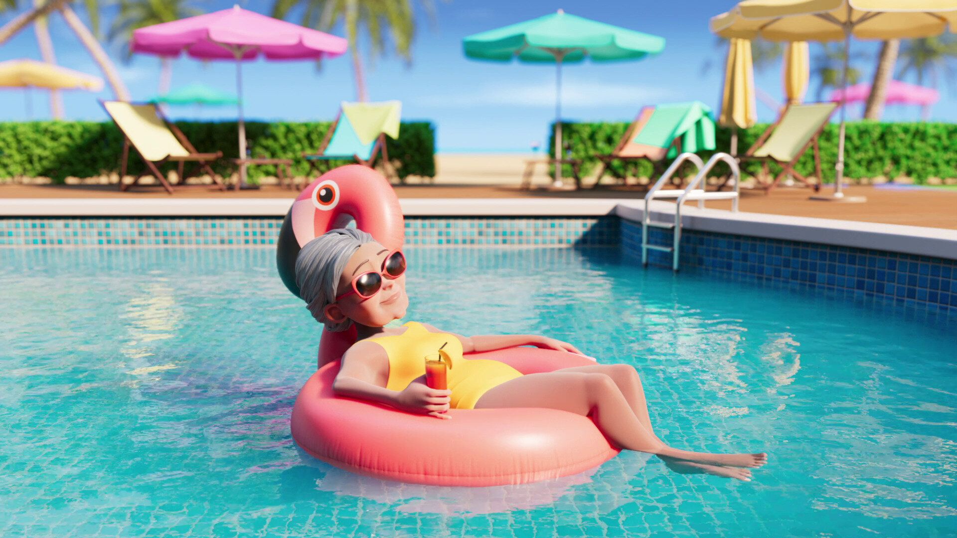 Merge Mansion Ursula sitting in flamingo swimming toy in the pool